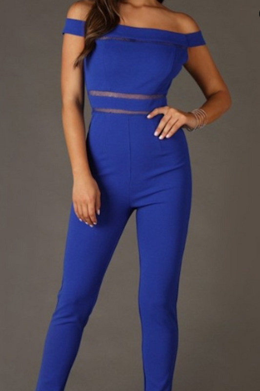 Off Shoulder Sheer Waist Fitted Stretch Jumpsuit