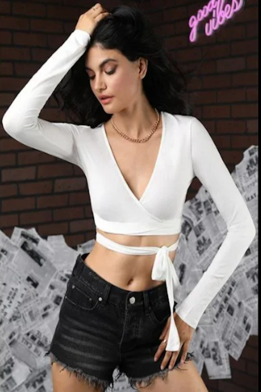 Surplice Deep V Neck Surplice Wrap Crop Top with Long Sleeves