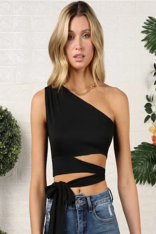 Wrap Around Tie Detail Crop One Shoulder Top