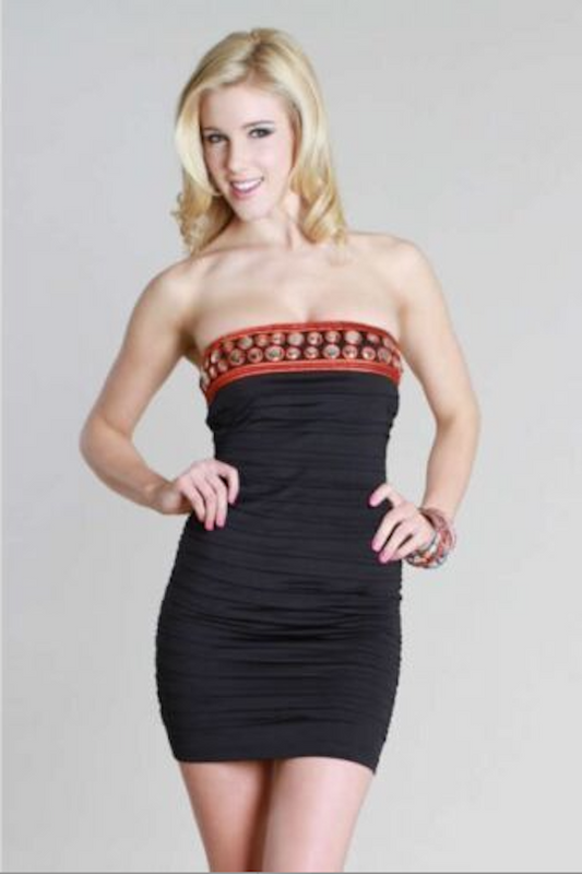 Embroidered Neckline Strapless Tiered Dress