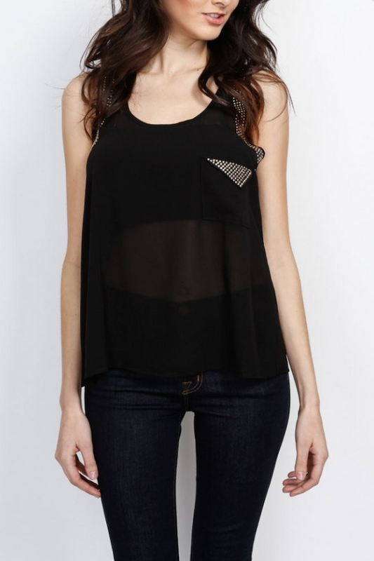 Cleopatra Sheet Black Sleeveless Blouse with Gold Jewel Detailing