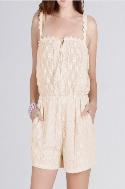 Lace Romper With Front Pockets and Waist Tie