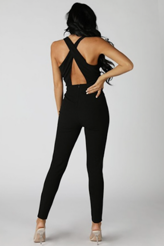 Wide Strap Cross Back Skinny Stretch Jumpsuit